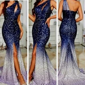 Blue, Diagonal Collar, Sleeveless, Gradient,  Mermaid Sequined Gown